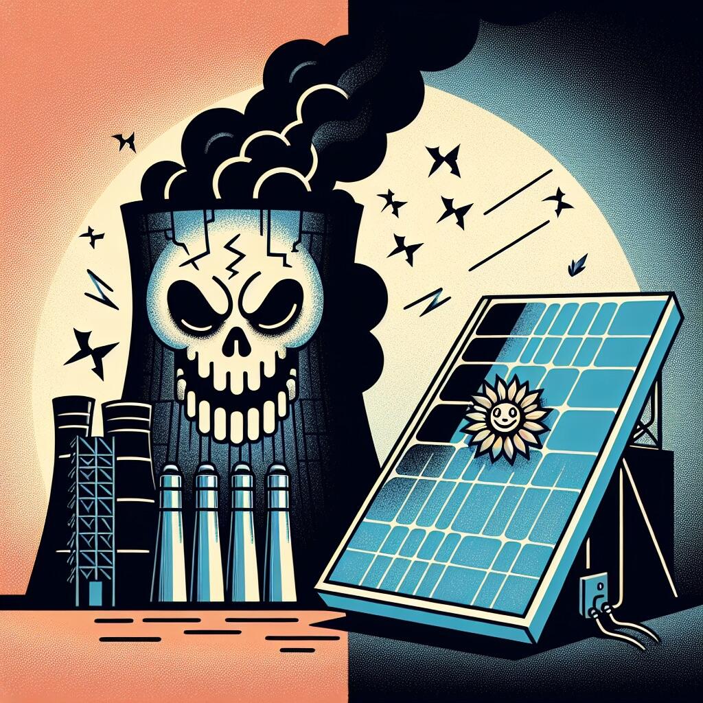 Illustration: böses AKW, freundliches Solarpanel. (KI-Bild).