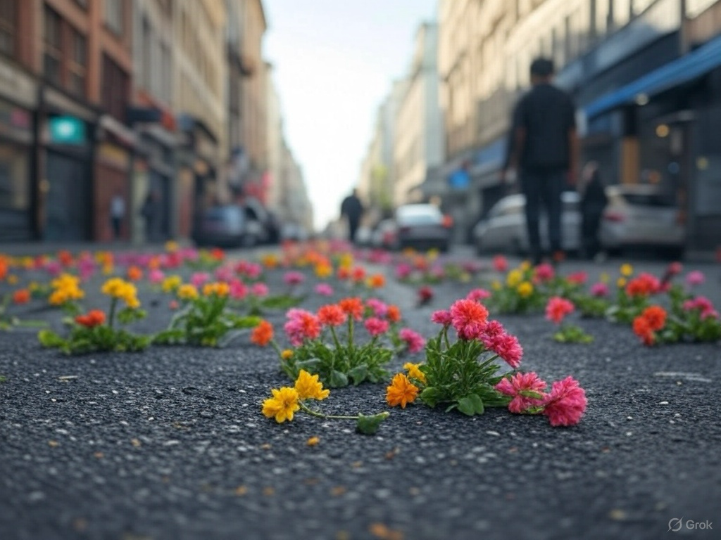 Symbolbild: Blumen brechen aus Asphalt hervor.