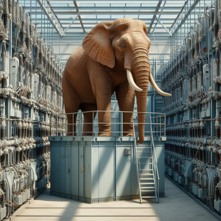 KI-Bild eines Elefanten im Elektrizitätswerk.