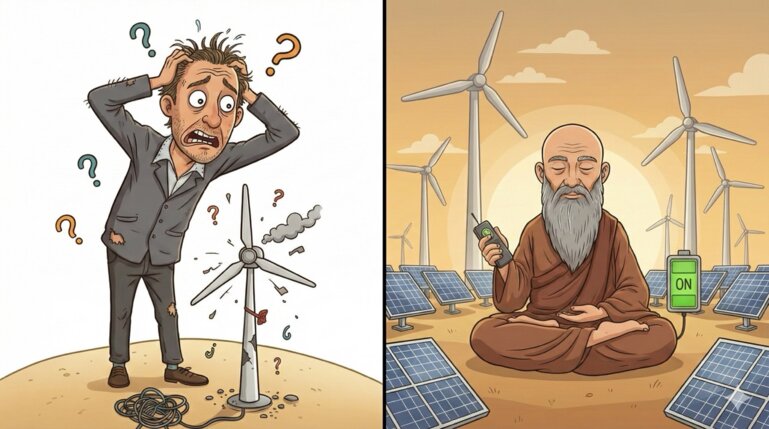 Humoristisches KI-Bild. Jahr des Zweifelns, No-Drama-Mönch.