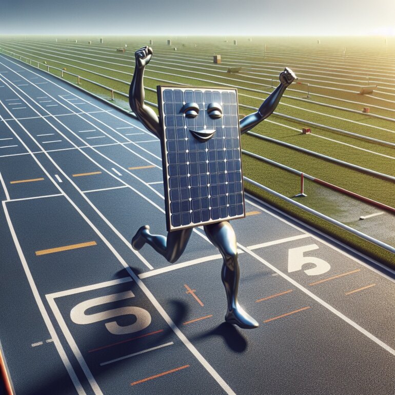 KI-Bild. Solarpanel im Zieleinlauf eines 100 Meter Laufs.