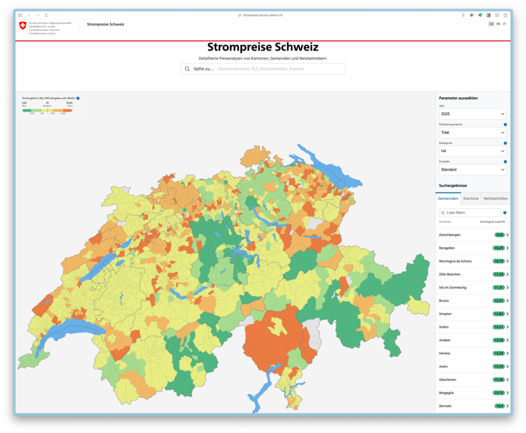 Screenshot Strompreise Schweiz